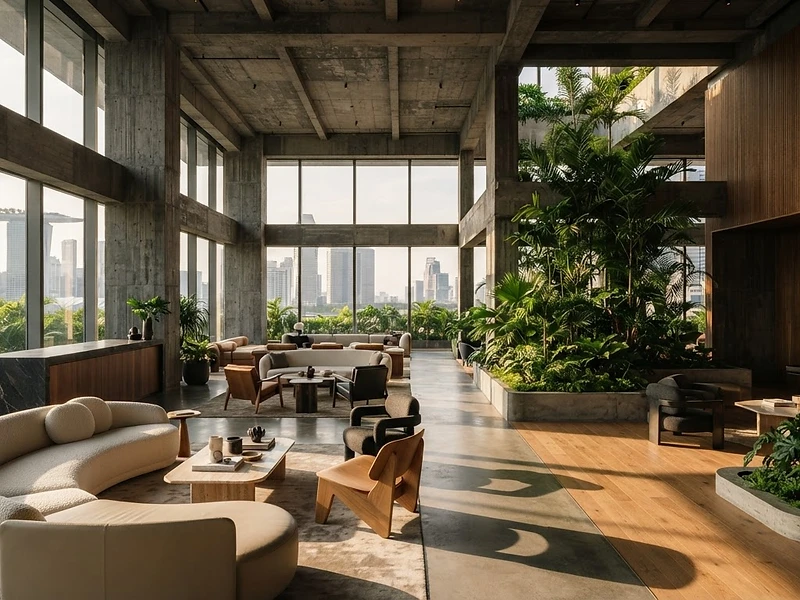 A modern brutalist-inspired executive lounge interior