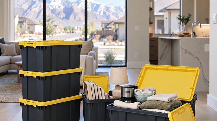 Stacked and open blue STACKD totes packed with household items in a modern Utah home