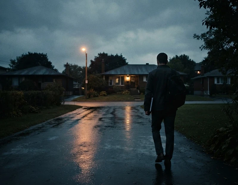 A person standing on a suburban driveway at dusk