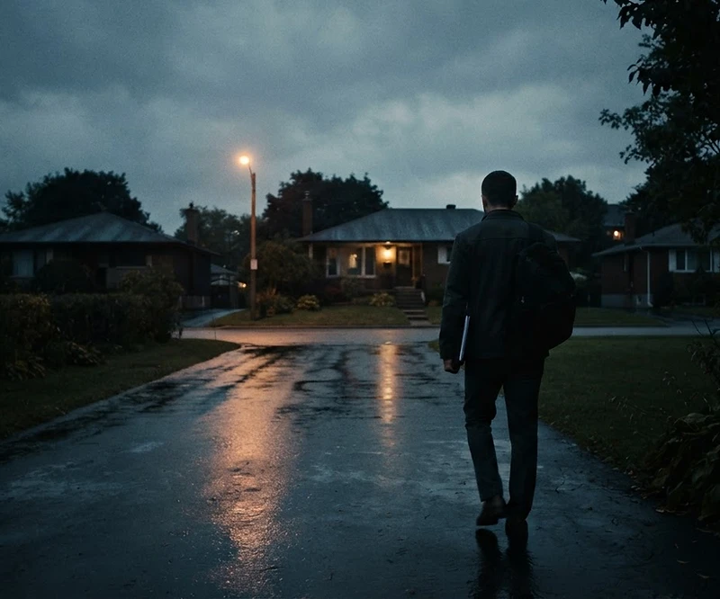 A person standing on a suburban driveway at dusk