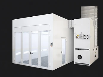 Exterior of a Nova Verta spray booth showing the entrance doors, the filtration tower and the vertical exhaust ducts