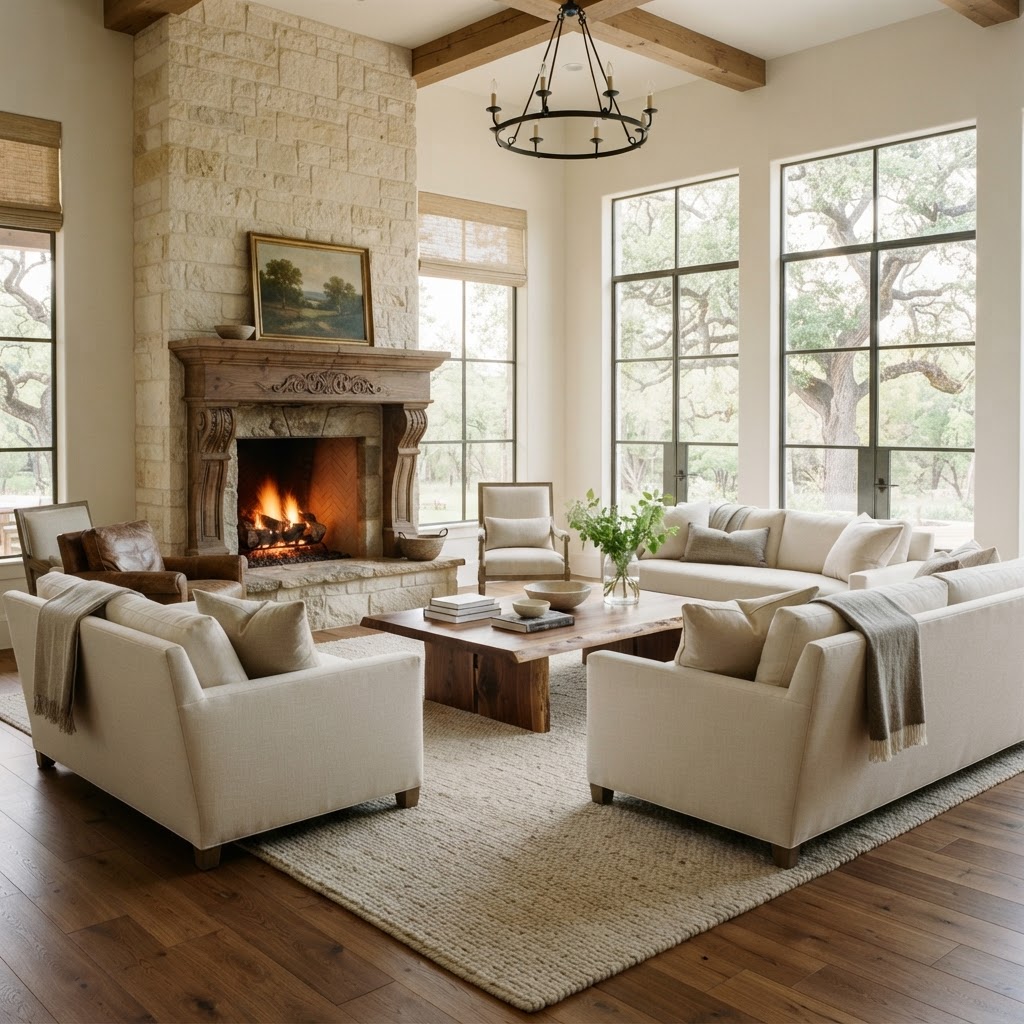 Living room with limestone fireplace and warm wood floors