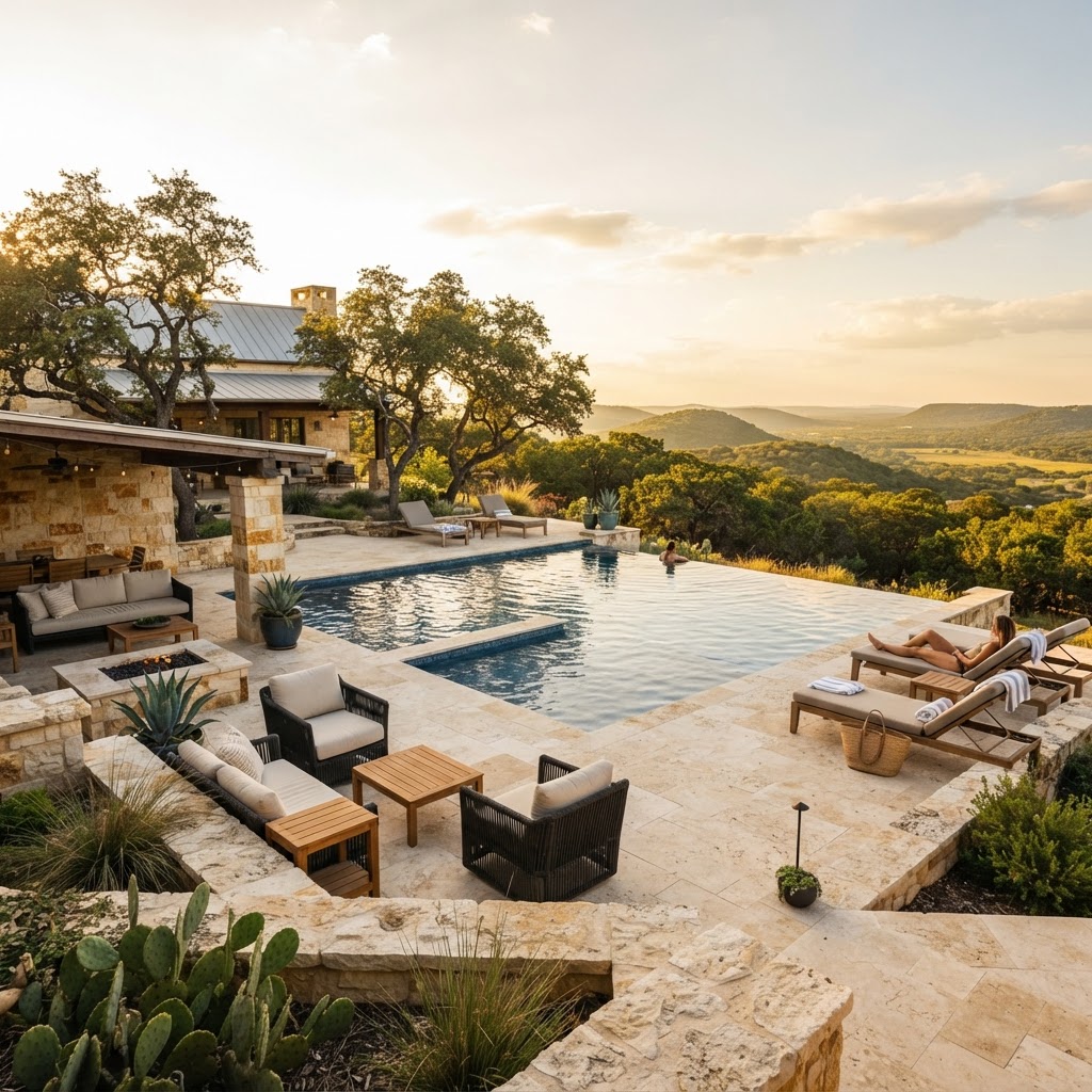 Pool terrace with limestone decking and Hill Country backdrop