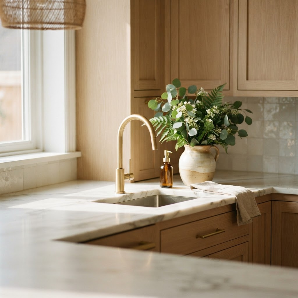 Kitchen counter detail with natural stone and brass fixtures