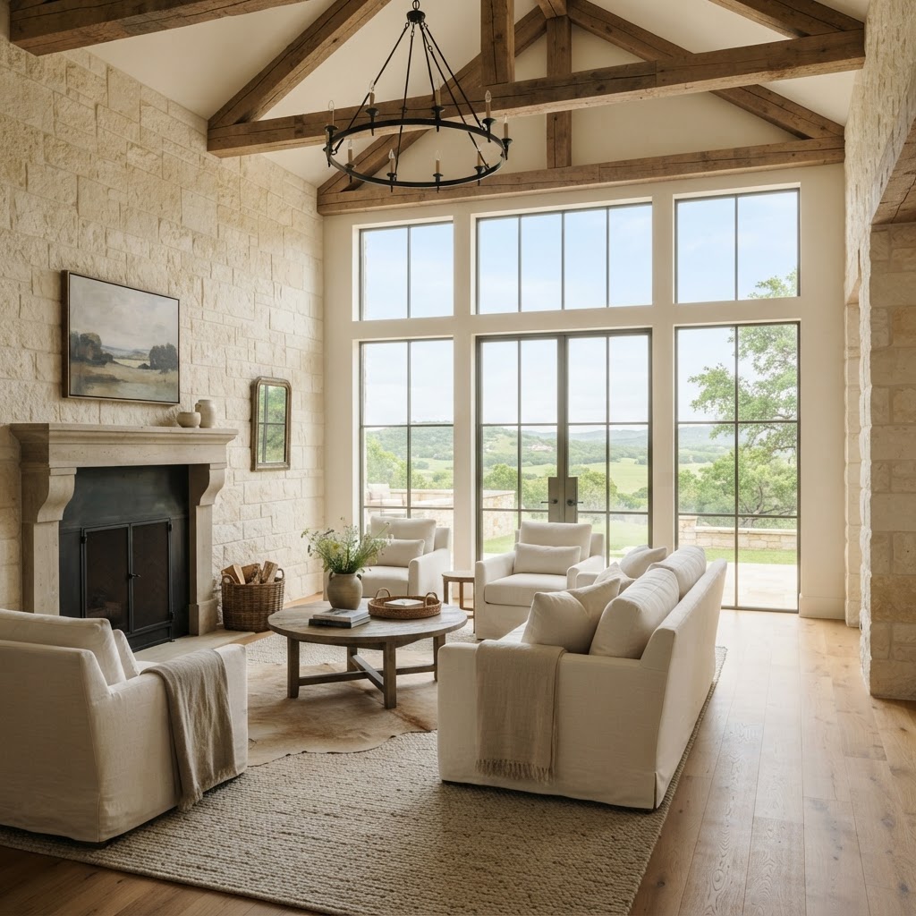 Sunlit luxury Hill Country living room with limestone walls, warm oak floors, and tall windows