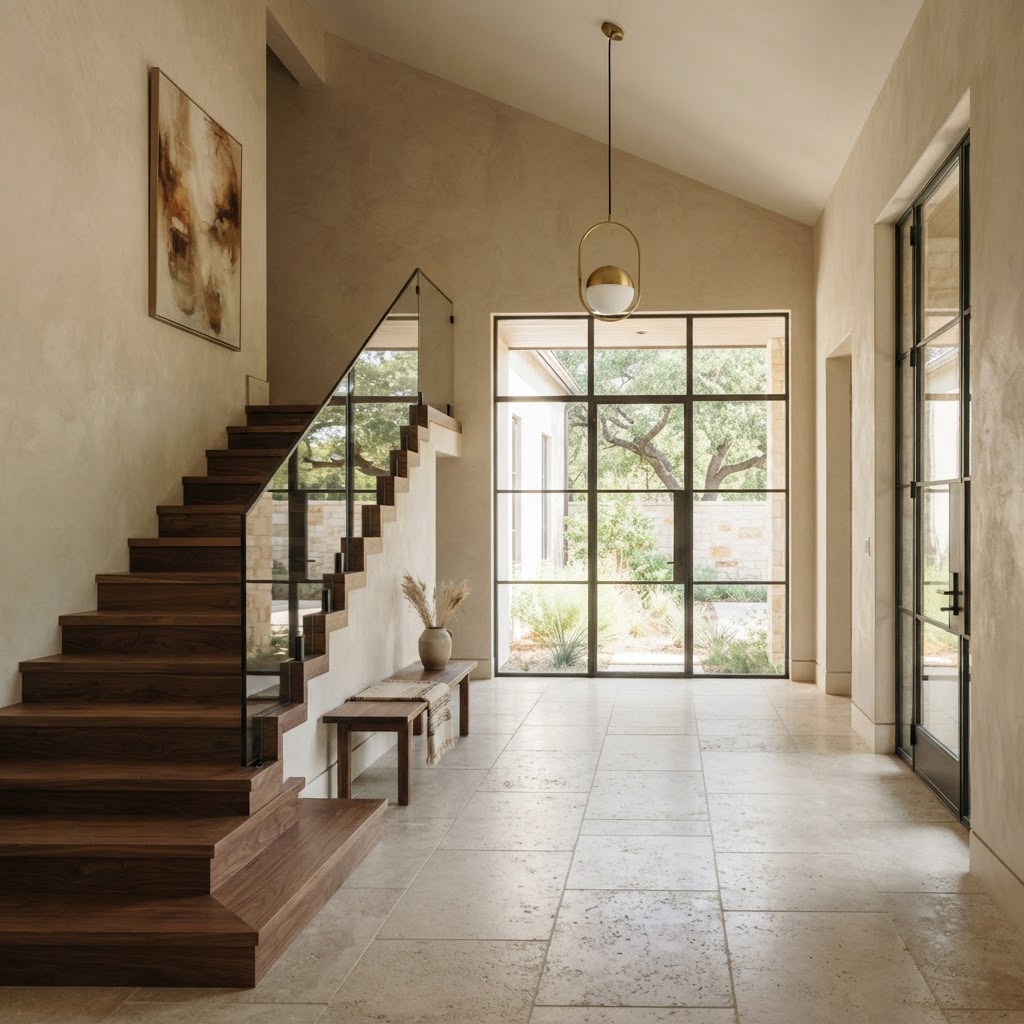 Entry hall with walnut staircase and limestone floors
