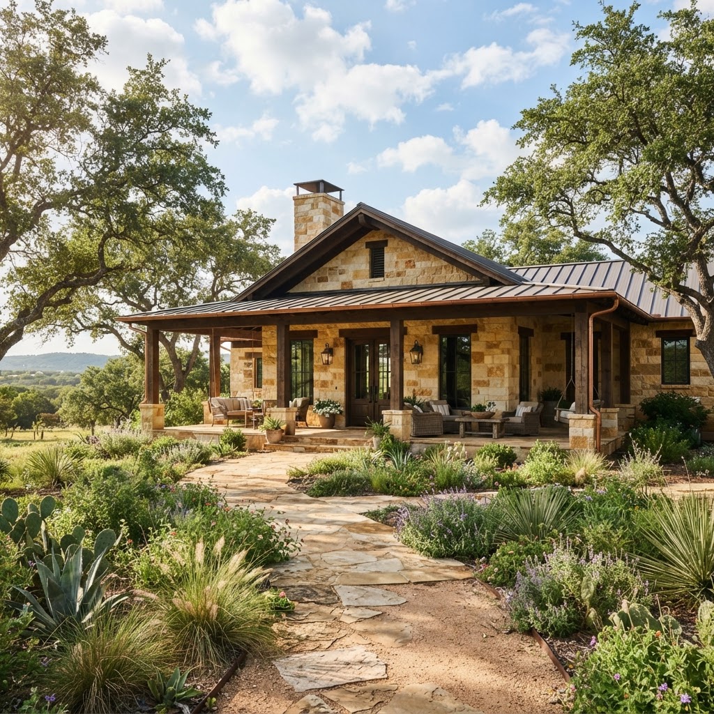 Hill Country home exterior with covered porch and native landscaping
