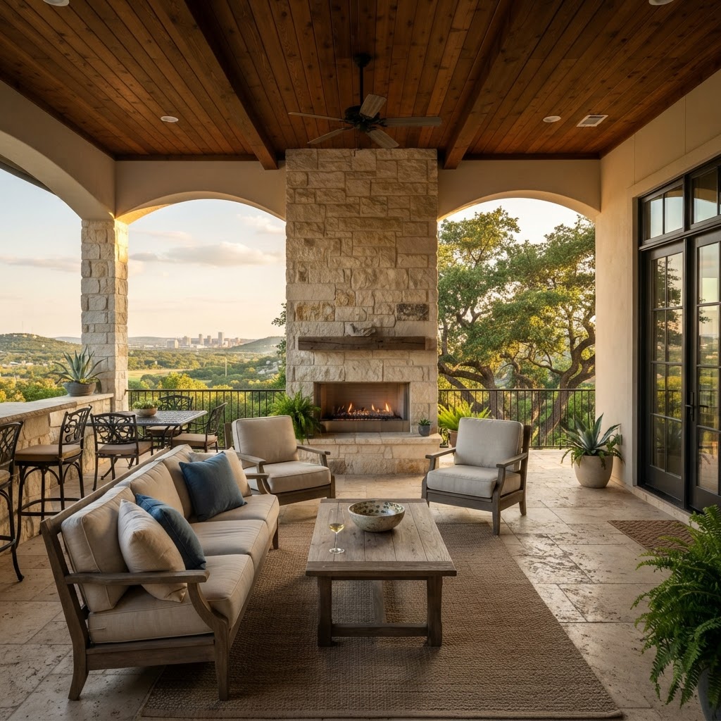 Covered patio with Hill Country view at late afternoon