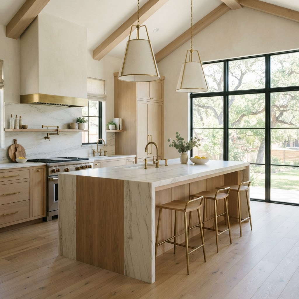 Kitchen with natural stone island and pale oak cabinetry