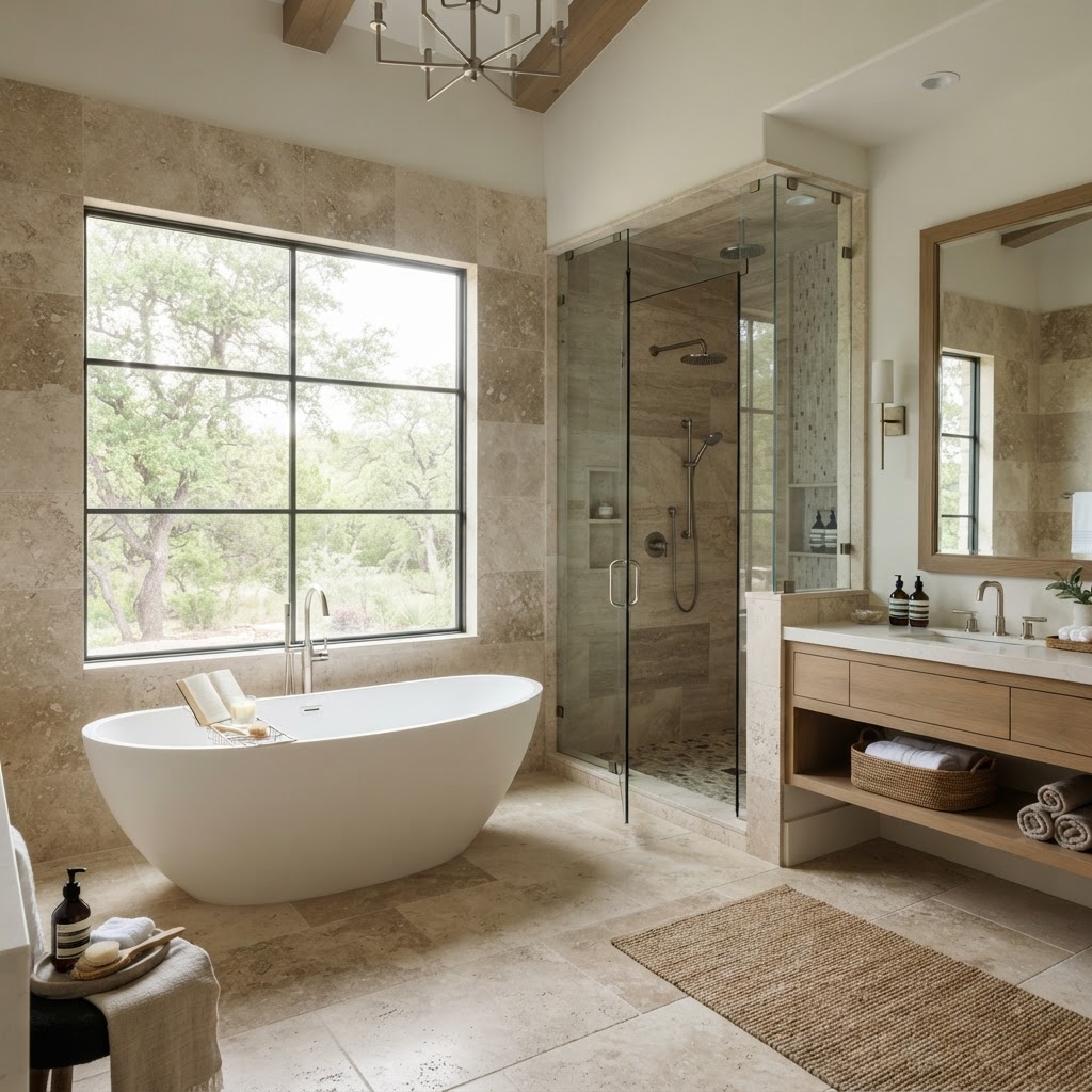 Primary bathroom with natural stone and freestanding tub