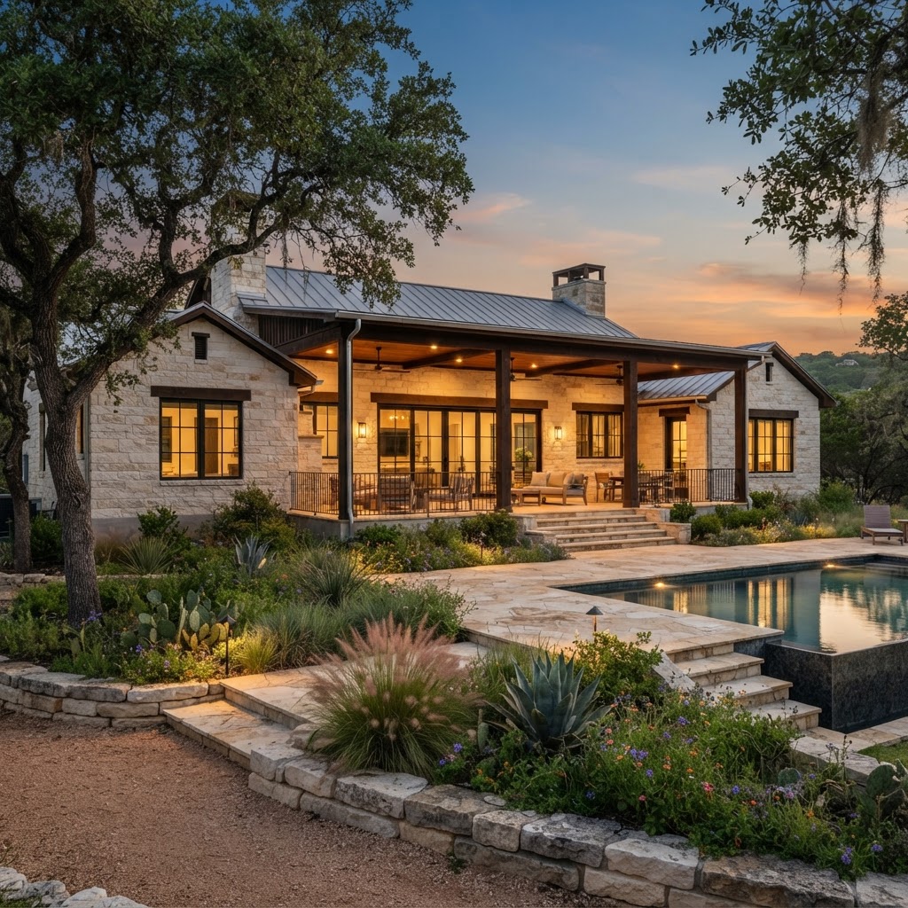 Luxury Texas Hill Country home with limestone walls and covered terrace