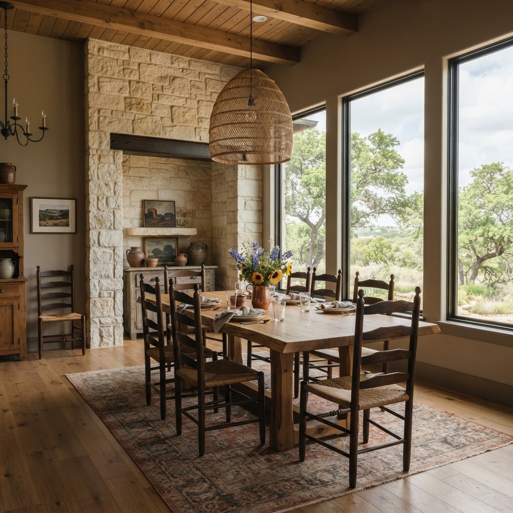 Dining room with oak table and limestone accent wall