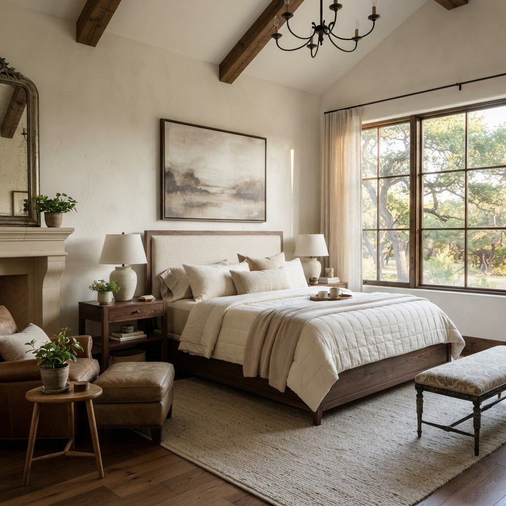 Primary bedroom with warm wood tones and ivory bedding