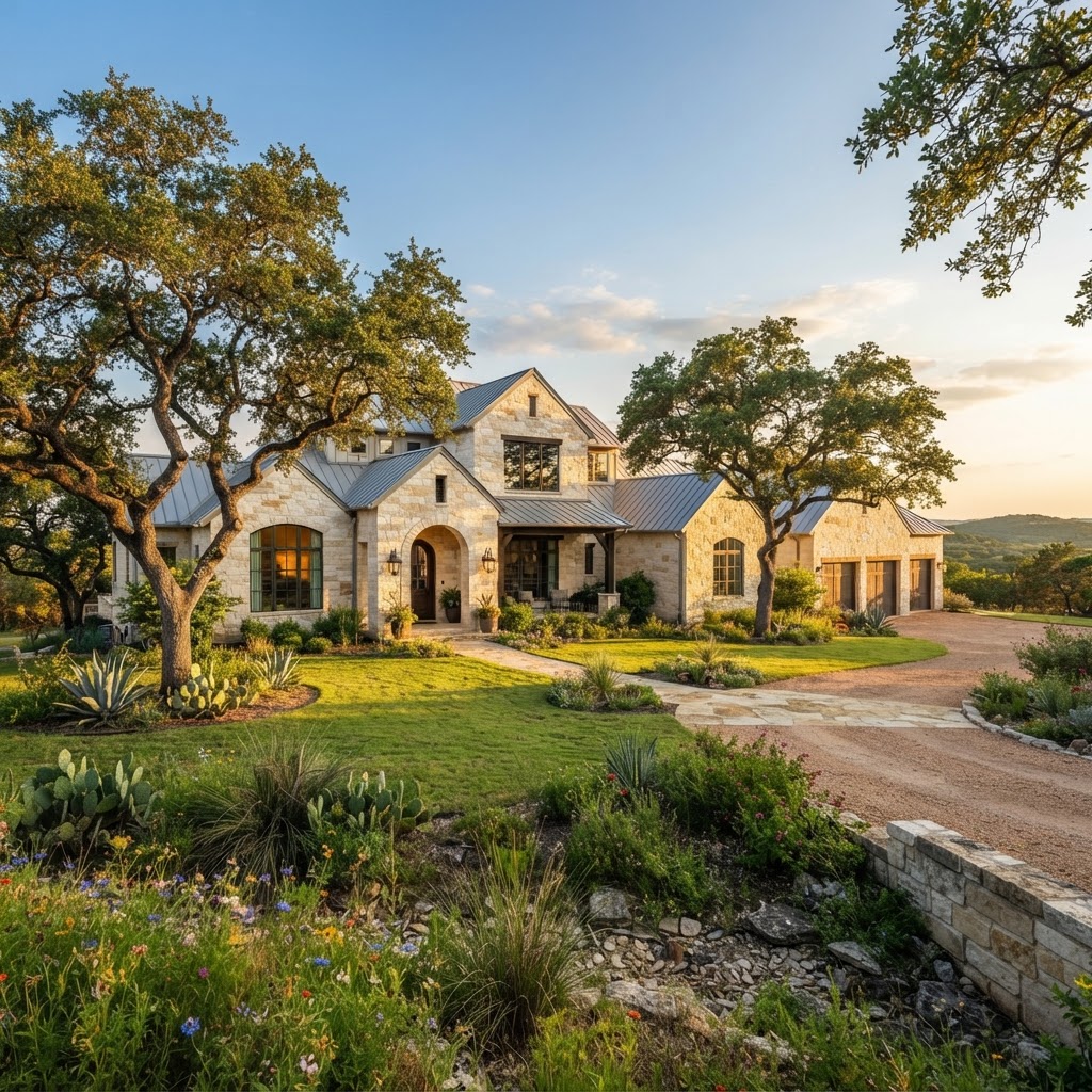 Limestone estate exterior with mature live oak trees