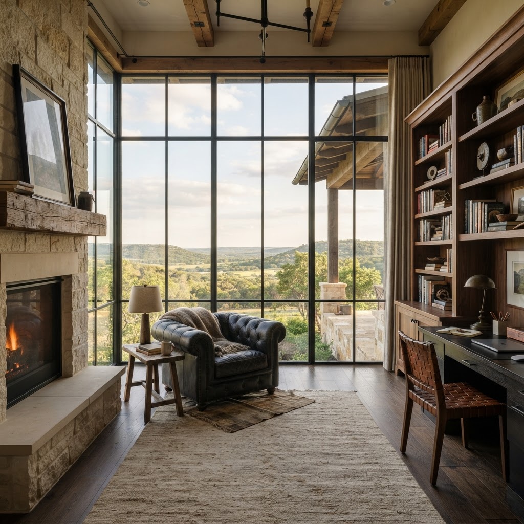 Study with floor to ceiling windows over oak covered hills