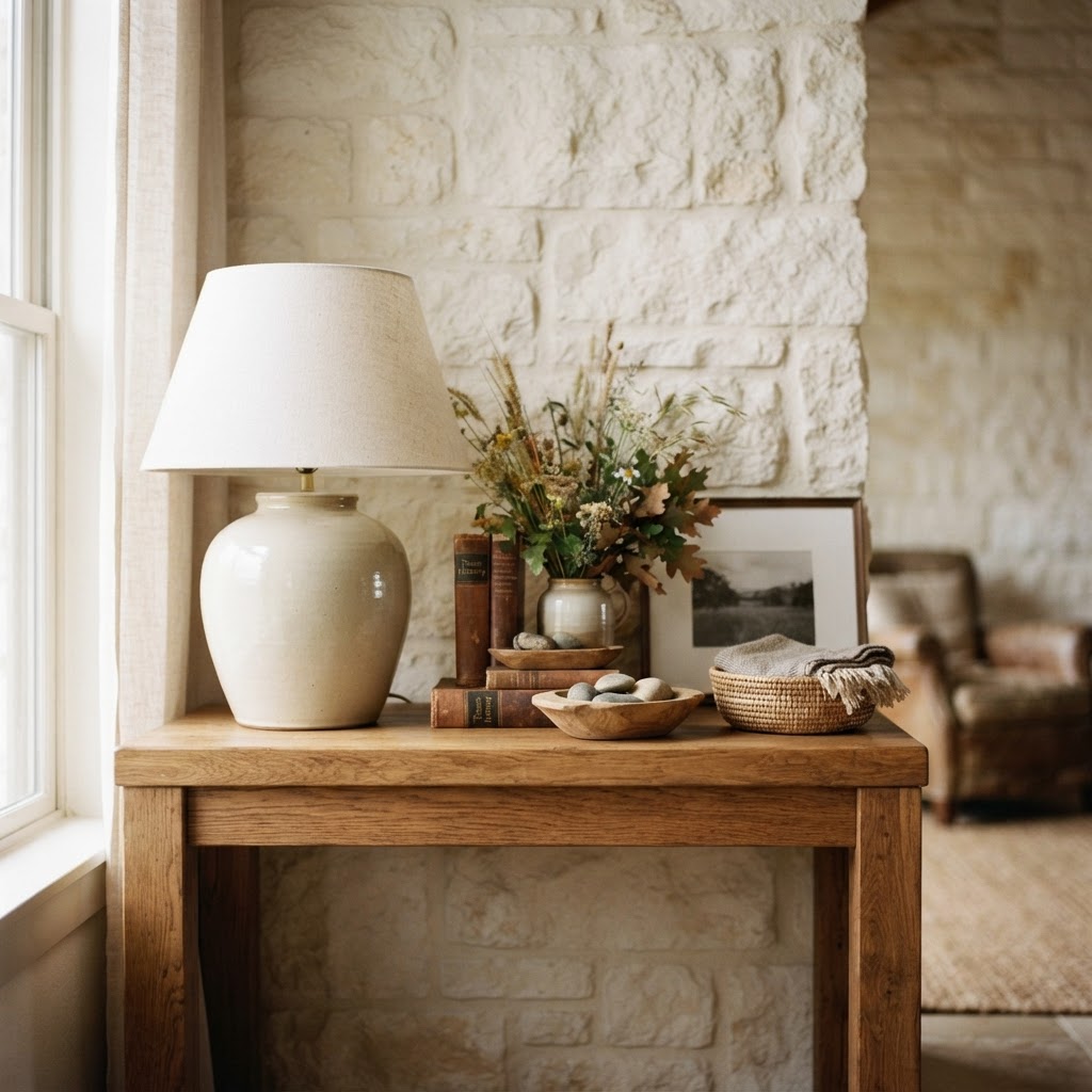 Close view of a refined Hill Country interior with limestone wall, warm oak, and arranged furnishings