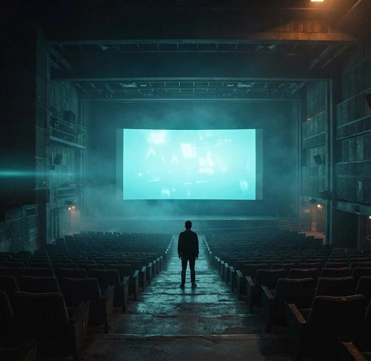 Silhouette in a vast luminous cinema