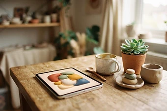 A designer's desk with a softly glowing tablet and a small plant