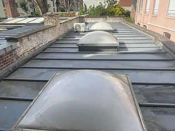 Toit plat en zinc avec dômes de lanterneaux Toit plat en zinc avec dômes de lanterneaux