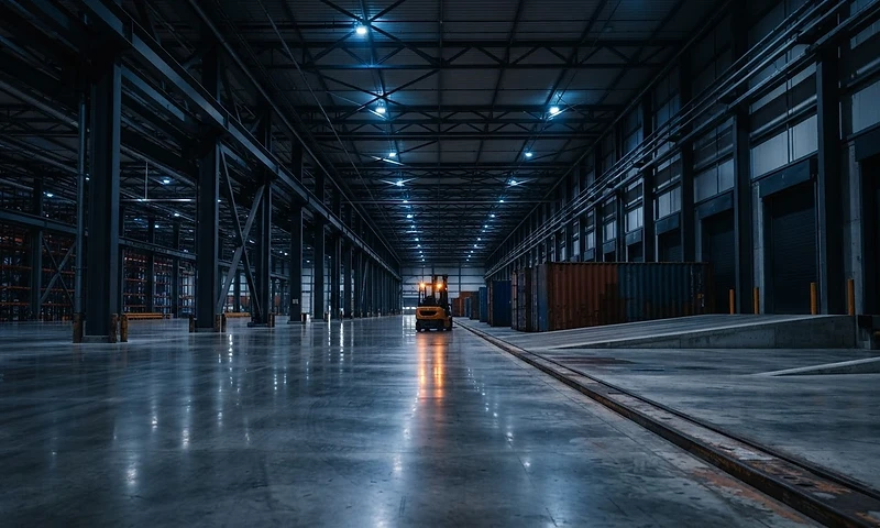 Vast modern loading dock aisle at dusk
