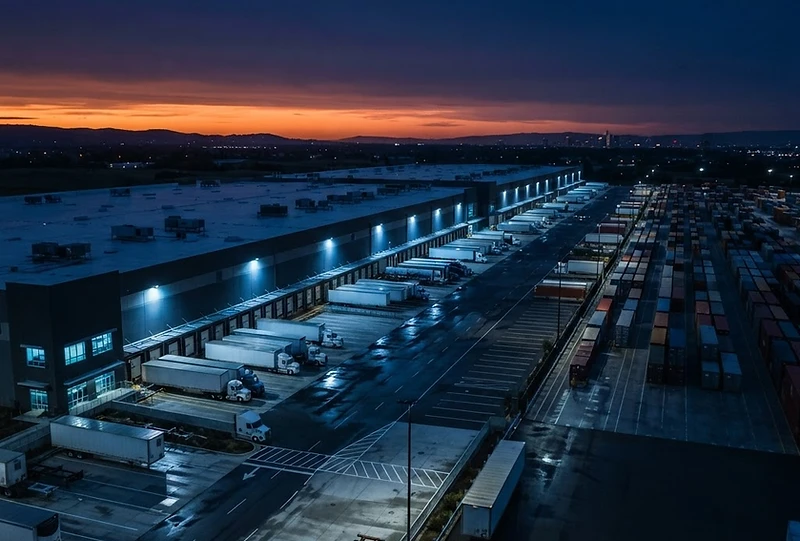 Modern distribution center at blue hour