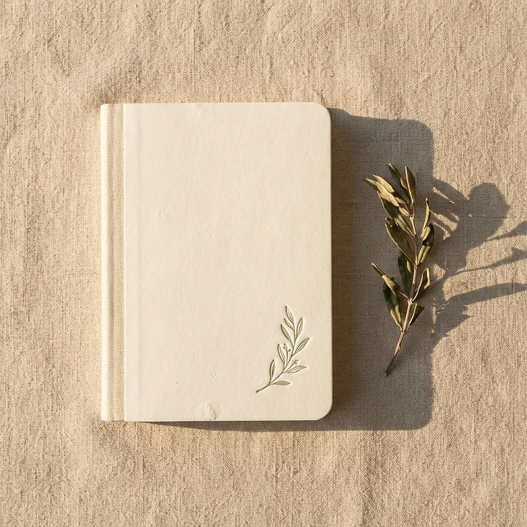 A softcover journal with a botanical flourish on the cover, beside a sprig of olive branch