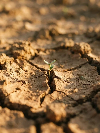 Cracked dry earth with a single green sprout pushing through, lit by low golden sunlight
