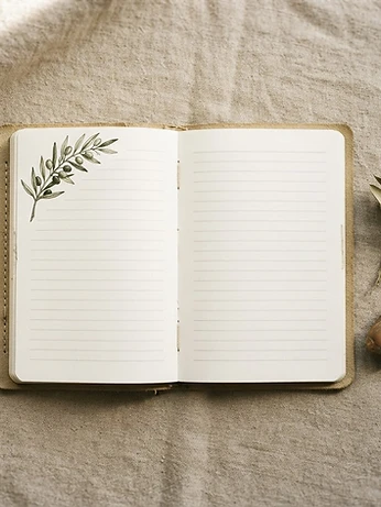 An open journal spread on warm parchment linen with a hand-drawn olive branch in the margin