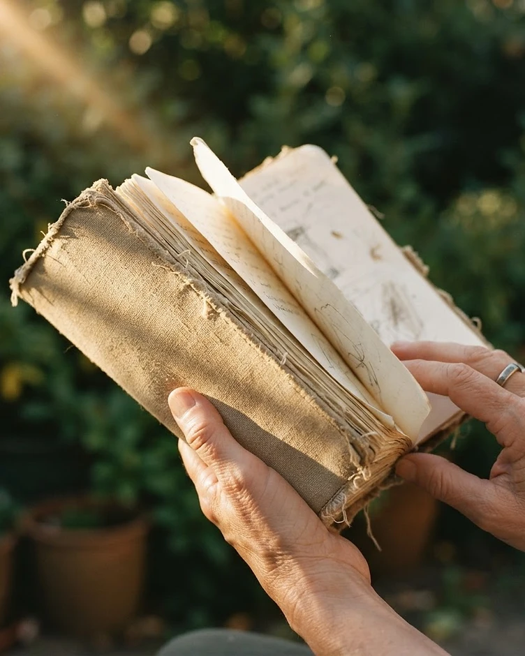 Two hands holding an open linen-bound journal in warm morning light, a soft-focus garden behind