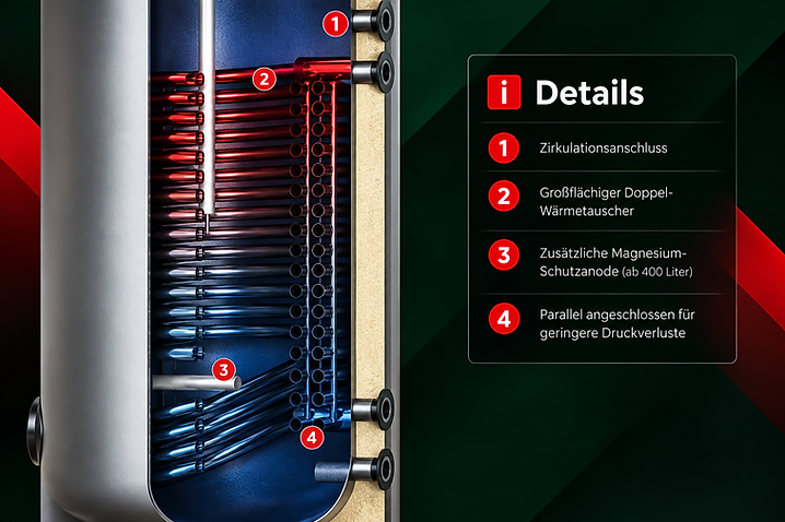 Schnitt durch den Warmwasserspeicher HTS mit doppelt gewickeltem Wärmetauscher