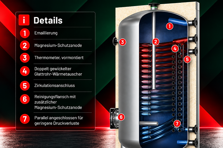 Schnitt durch den emaillierten Warmwasserspeicher des KSP mit Doppelregister, Schutzanode, Thermometer und Reinigungsflansch