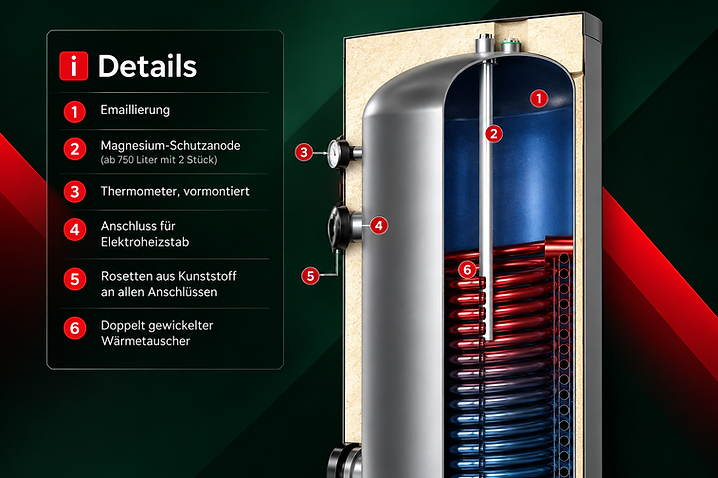Schnitt durch den Warmwasserspeicher HTS mit Emaillierung, Schutzanode und Dämmung