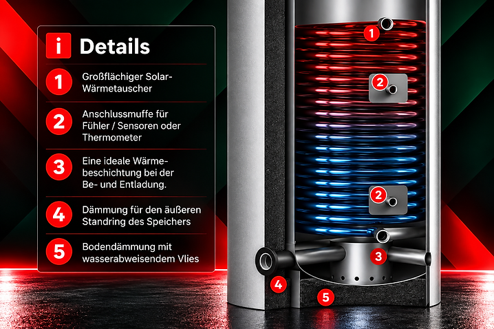 Schnitt durch den HYSPS mit großflächigem Solar-Wärmetauscher, Fühleranschluss, Standring- und Bodendämmung