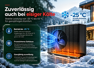 Thermoschwob Wärmepumpe im Schnee mit Hinweis auf den Betrieb bis −25 °C