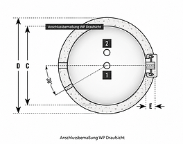 Draufsicht des Warmwasserspeichers WP mit Anschlussmaßen
