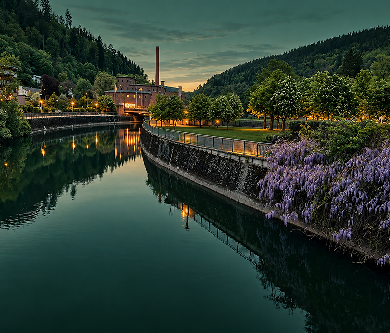 Flusslandschaft mit bewaldeten Hängen in der Abenddämmerung