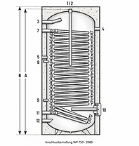 Maßzeichnung des Warmwasserspeichers WP 750 bis 2000 Liter