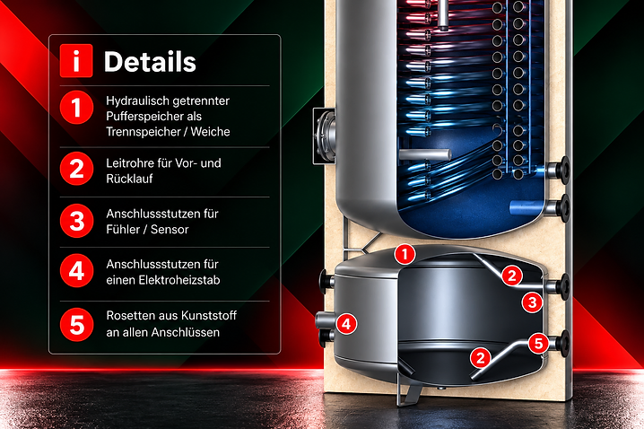 Schnitt durch den untenliegenden Pufferspeicher des KSP mit Leitrohren, Anschlussstutzen und Rosetten