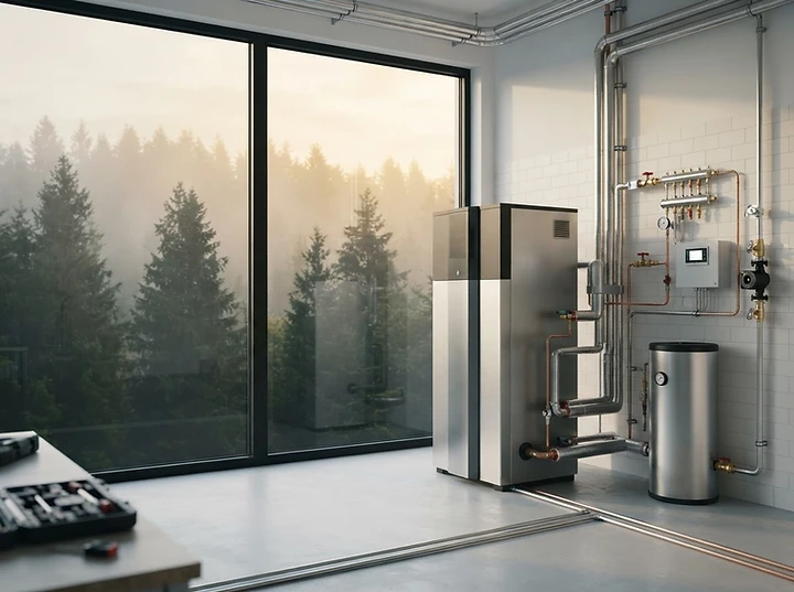 Technikraum mit Wärmepumpe und Speicher