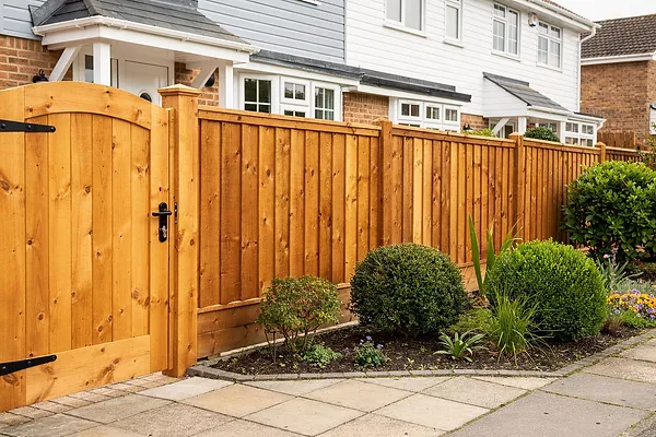 A wooden garden gate and fence with planting beside it