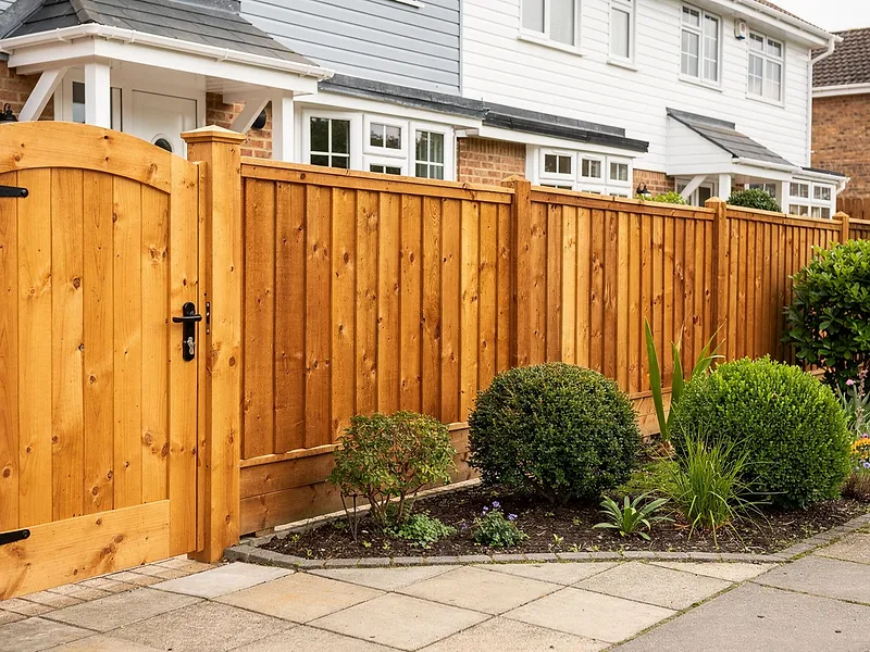 A wooden garden gate and fence with planting beside it