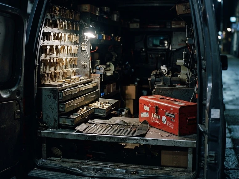 Ingerichte bestelwagen met genummerde cilinders en slotgereedschap