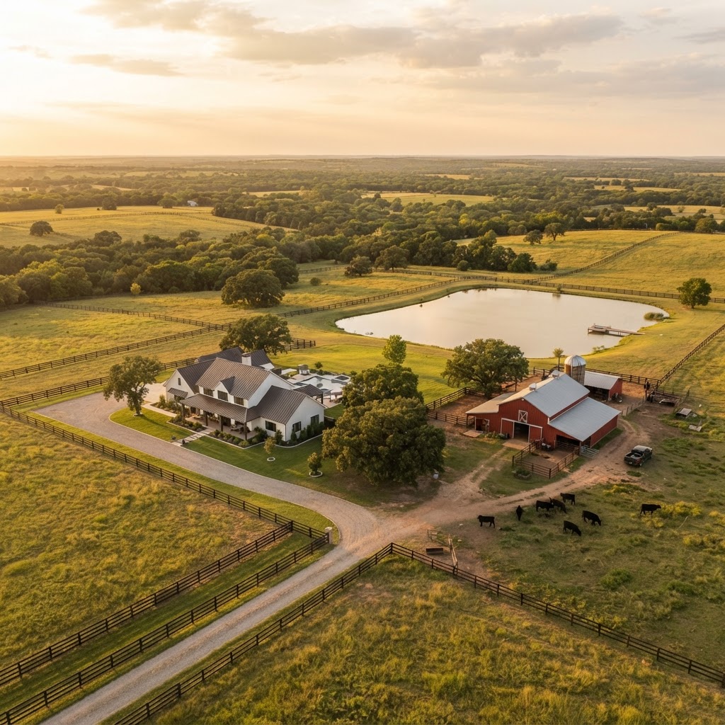 Aerial drone photo of a North Texas ranch property at golden hour