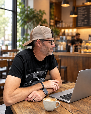 Tim, founder of Pinterest Skool, working at a coffee shop table