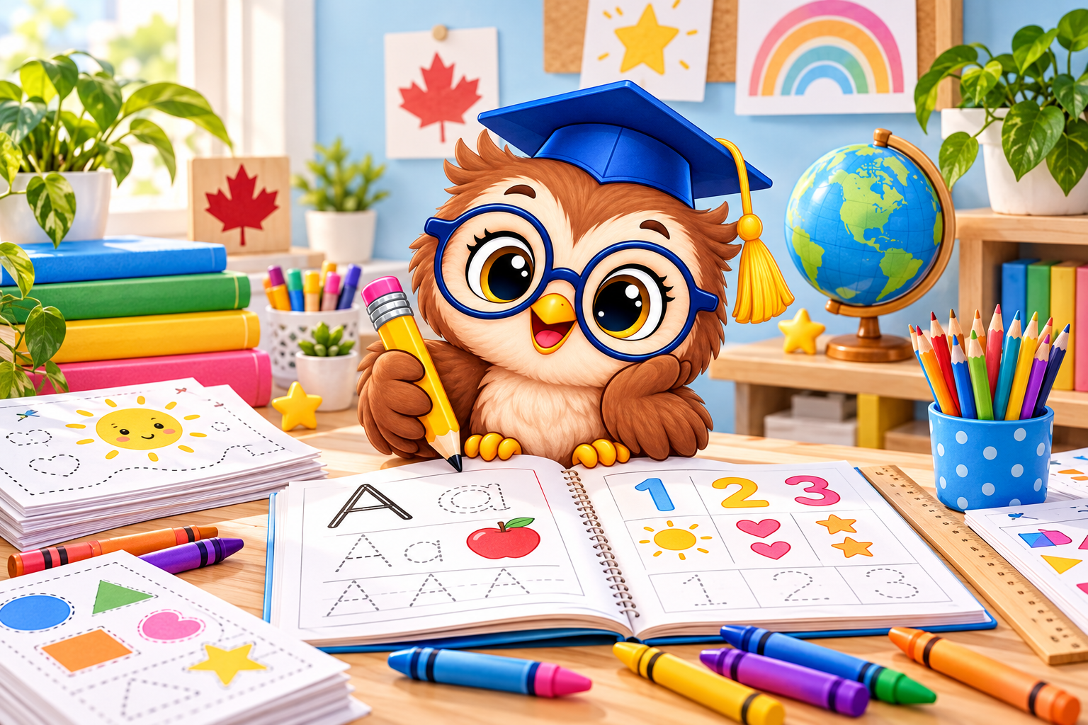 Bright Owl at a desk surrounded by workbooks, pencils and crayons