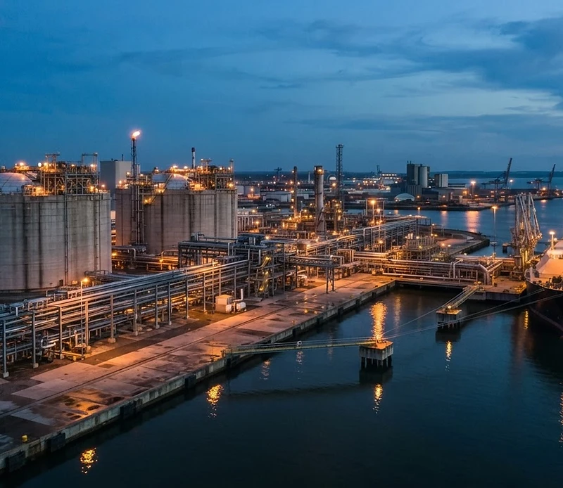 A European LNG receiving terminal at twilight, illustrative documentary photograph of energy infrastructure