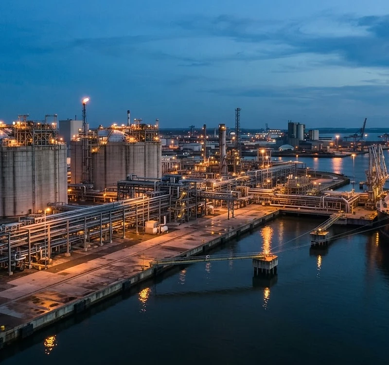 Una terminal europea de recepción de GNL al atardecer, fotografía documental ilustrativa de infraestructura energética