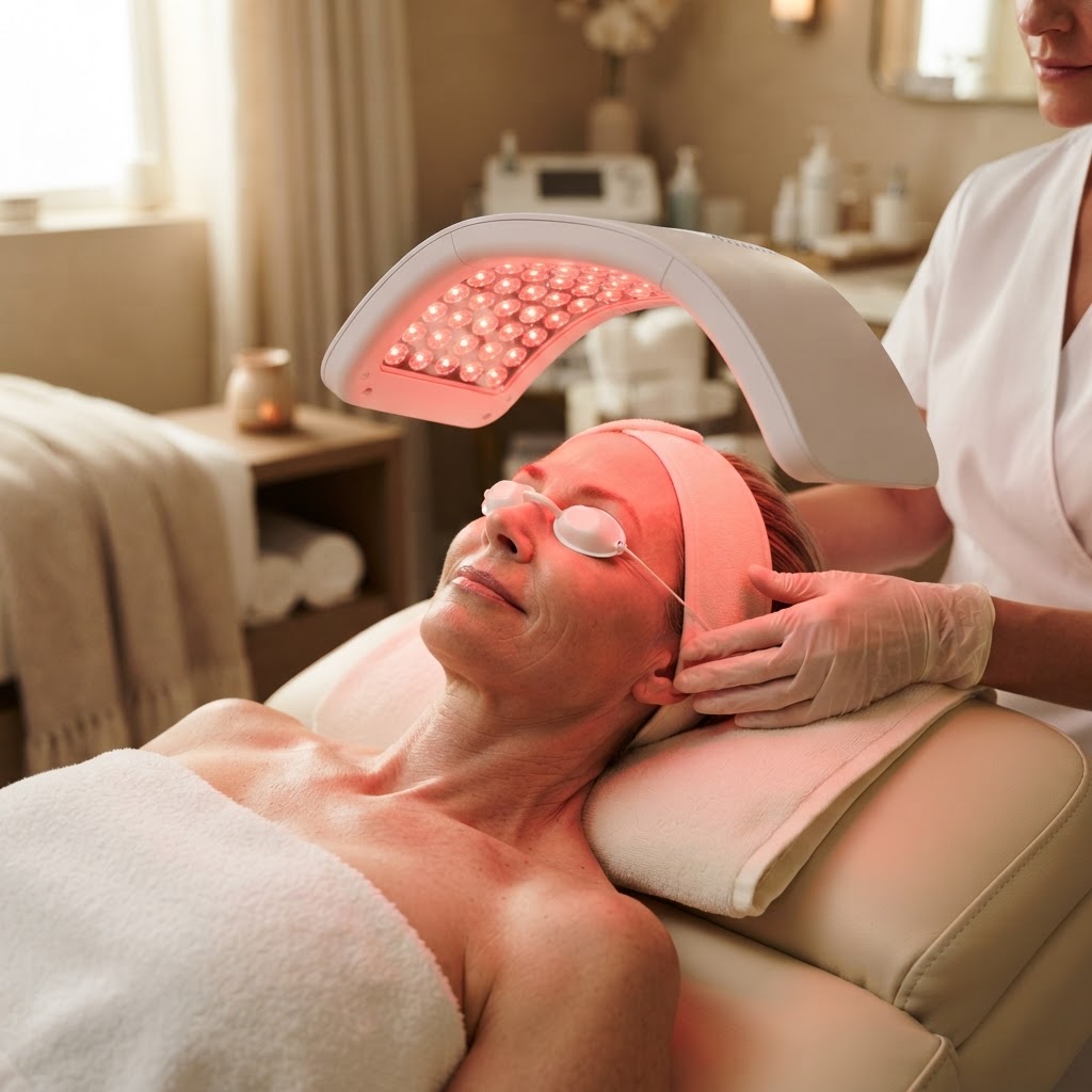 AI-generated editorial image of a relaxing anti-aging LED facial treatment