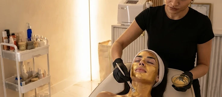 Editorial depiction of Anavaya's Cleopatra Facial with a gold-toned mask