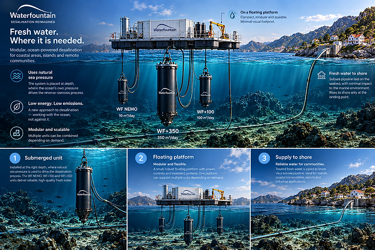 Waterfountain ocean-powered desalination system - submerged units, floating platform and supply to shore